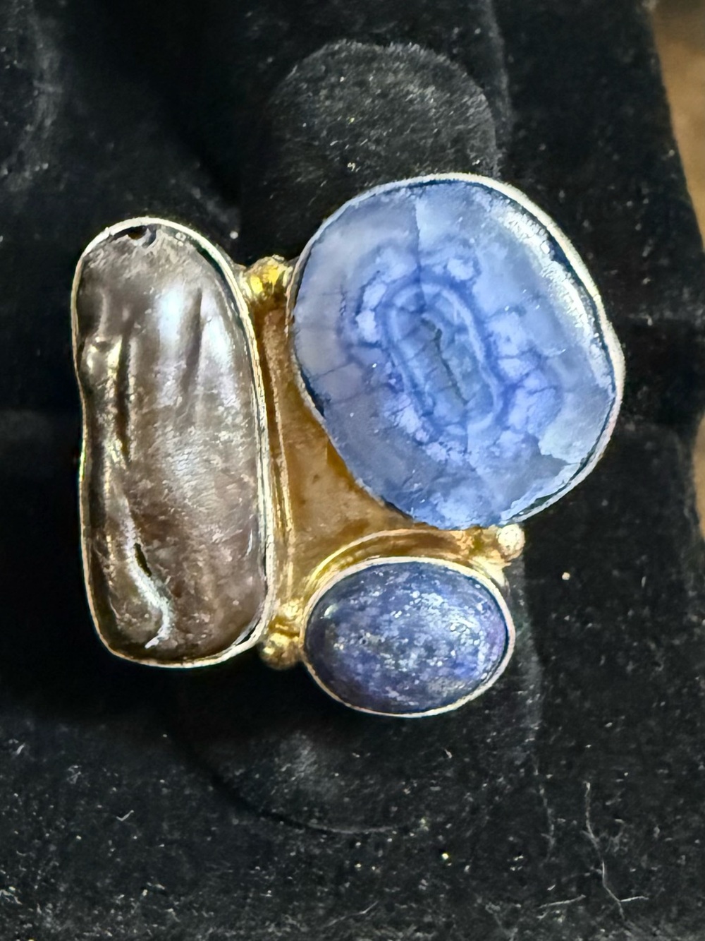 Blue Agate & Pearl Statement Ring - Sterling Setting